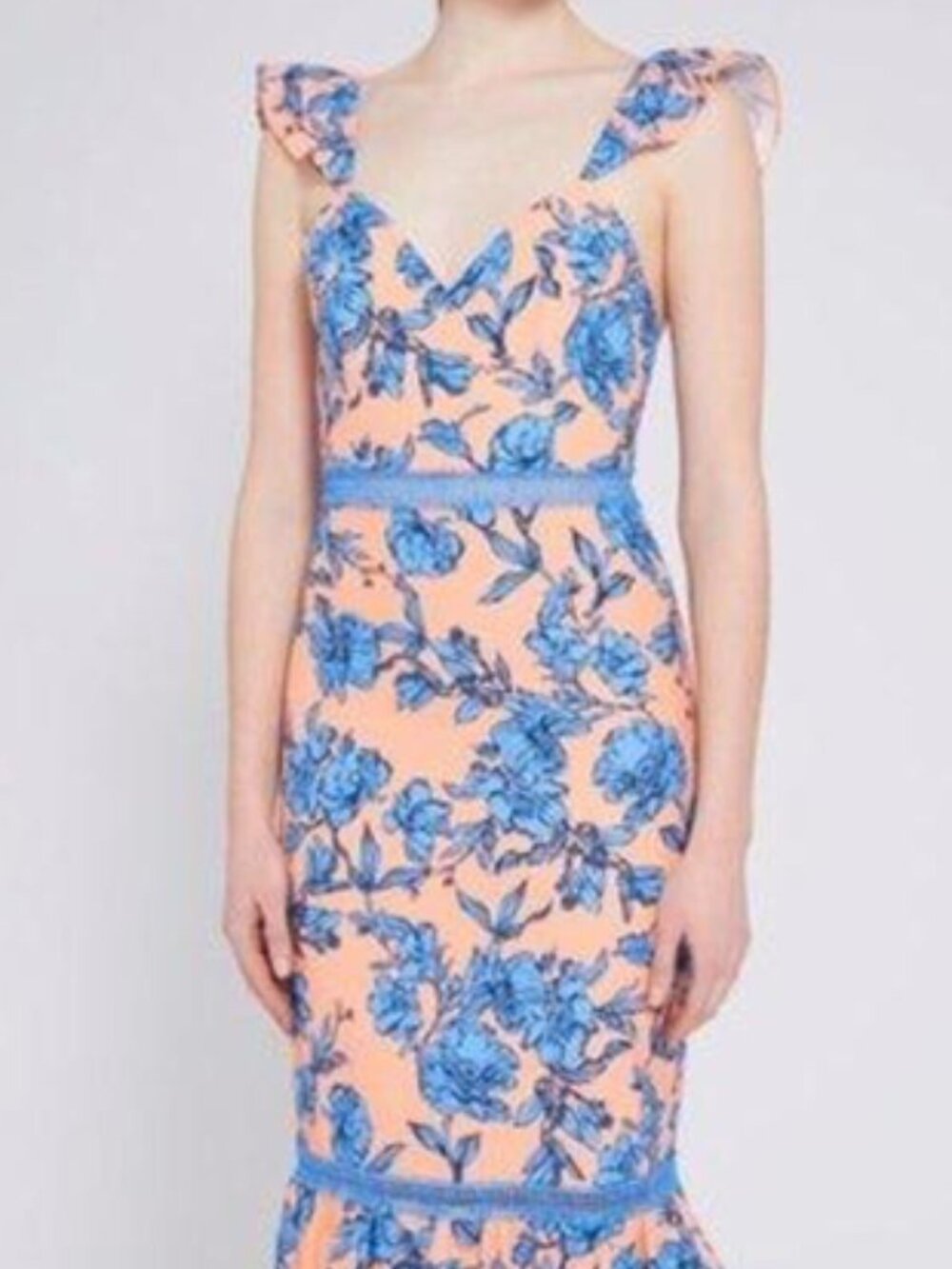 NWT Alice + Olivia Jade Peach Ruffle-Strap Floral Lace Trim Midi Dress Size 12